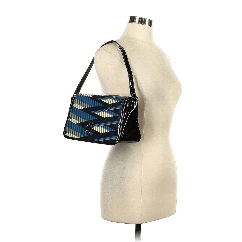 TORY BURCH Blue Black Stripe Patent Leather Shoulder Bag
